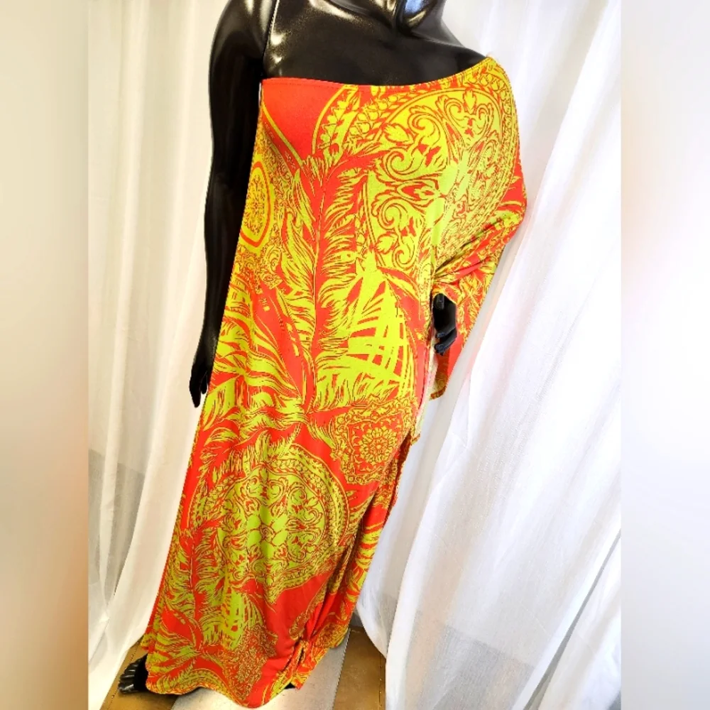 Bold Leaf Kaftan Vibrant Orange and Yellow. Mannequin Worn Only. - Picture 2 of 14
